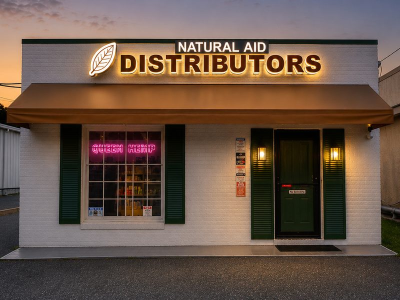Natural Aid Distributors storefront at dusk, with lit signage, a brown awning and green shutters